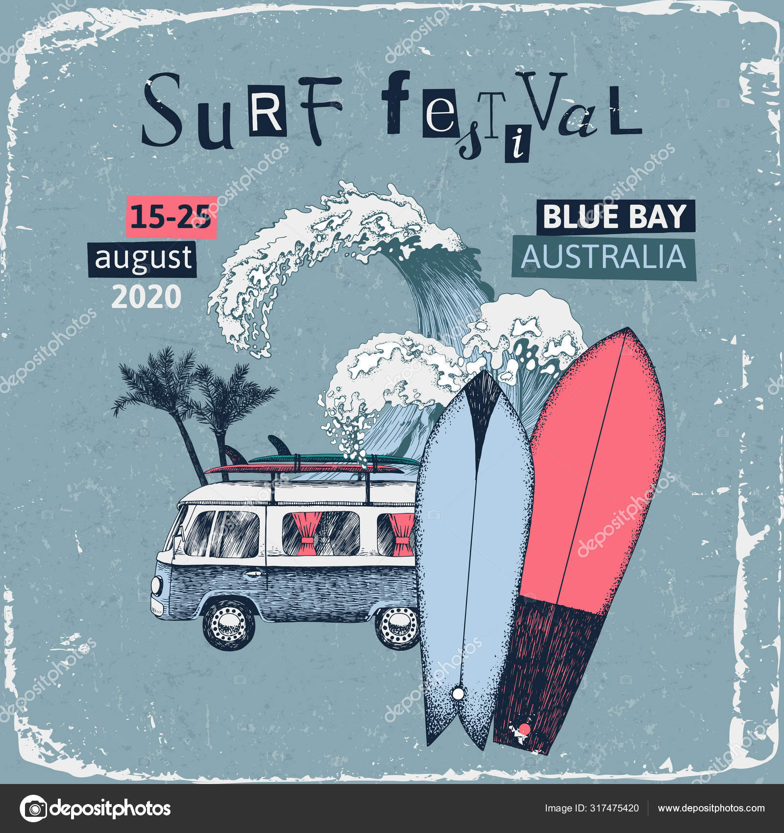 Cartel del festival de surf con autobús retro, tablas de surf y olas  marinas . Vector de stock #317475420 de ©mart_m, image size:1600x1700