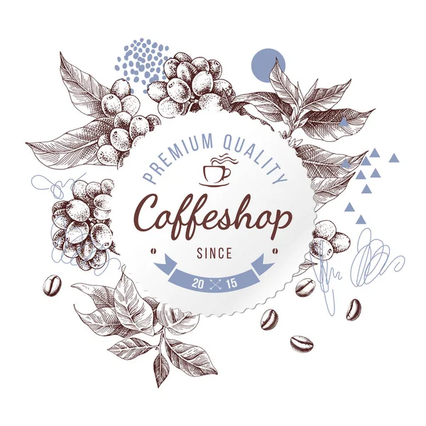 Coffeshop okrągły papier emblemat nad ręcznie szkicowane tło z roślin kawy i fasoli — Wektor stockowy