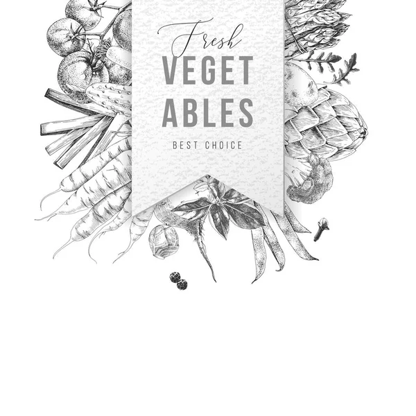 Emblema de papel com design de tipo sobre vegetais desenhados à mão — Vetor de Stock