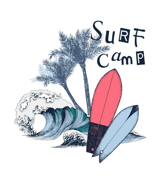 Sörf kampı posteri, sörf tahtaları, palmiye ağaçları ve deniz dalgaları. — Stok Vektör