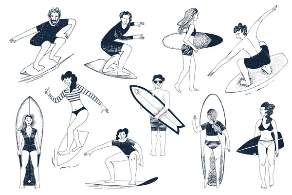 Surfistas dibujados a mano. Hombres y mujeres surfeando — Archivo Imágenes Vectoriales