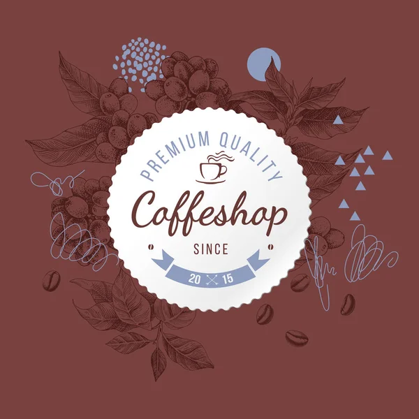 Coffeshop emblema de papel redondo sobre fondo bosquejado a mano con planta de café y frijoles — Vector de stock
