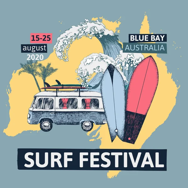 Surf festival poster met retro bus, surfplanken en zee golven. — Stockvector