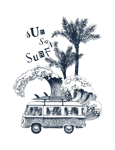 Летнее время фон с ретро автобусом, пальмами и морскими волнами — стоковый вектор