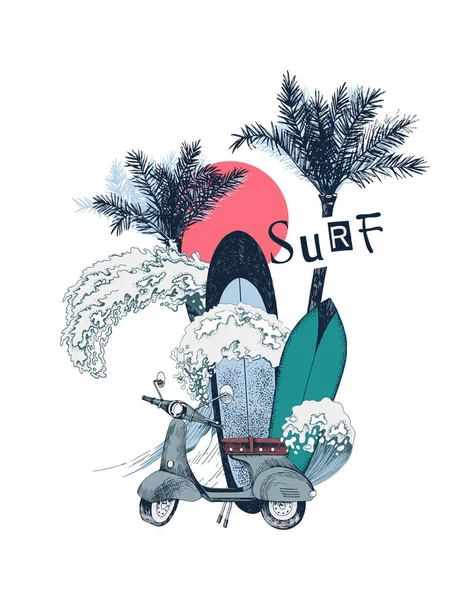 Summer time background with retro scooter, palms and sea waves — 图库矢量图片