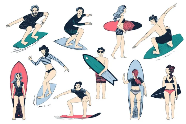 Surfistas dibujados a mano. Hombres y mujeres surfeando — Archivo Imágenes Vectoriales