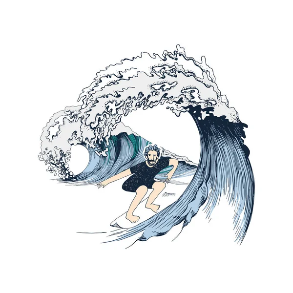 Hand drawn illustration with surfer on the wave — ストックベクタ