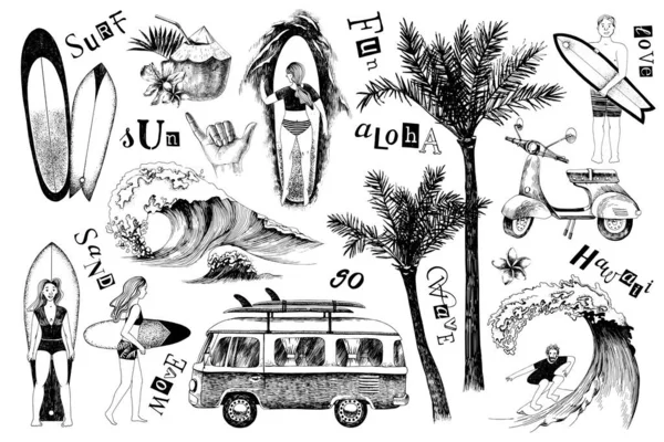 Conjunto de iconos de surf dibujados a mano — Archivo Imágenes Vectoriales