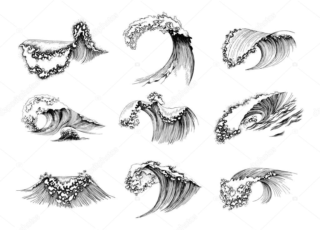 Set of hand drawn sea waves