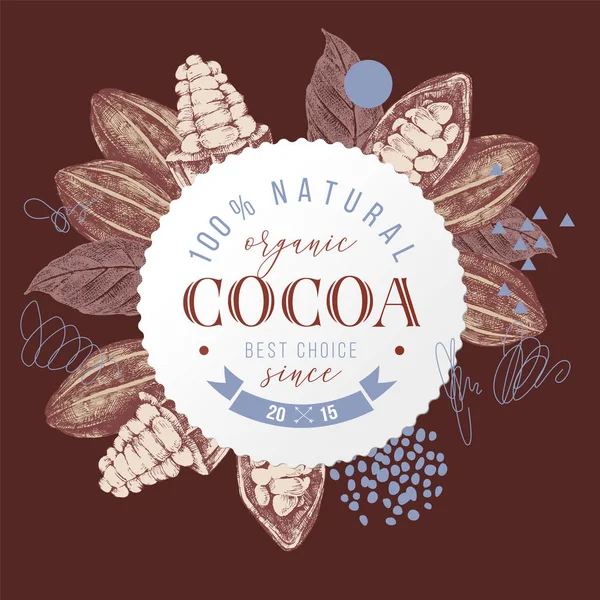Elle çizilmiş kakao çekirdekleri ve yaprakları üzerine organik kakao etiketi. — Stok Vektör