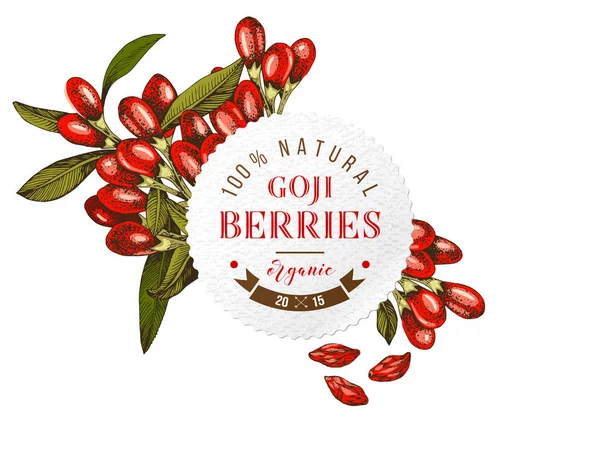 Round emblem with hand drawn goji berries and leaves — Stock Vector