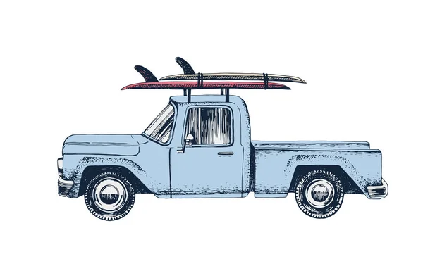 Carro de coleta desenhado à mão com pranchas de surf em um telhado — Vetor de Stock