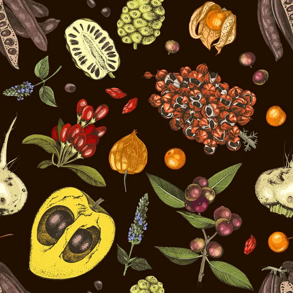 Bezešvé vzor s ručně kreslených superfood rostlin — Stockový vektor