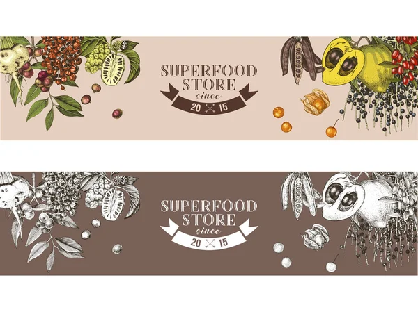 Hand drawn superfood store banners — Stock Vector