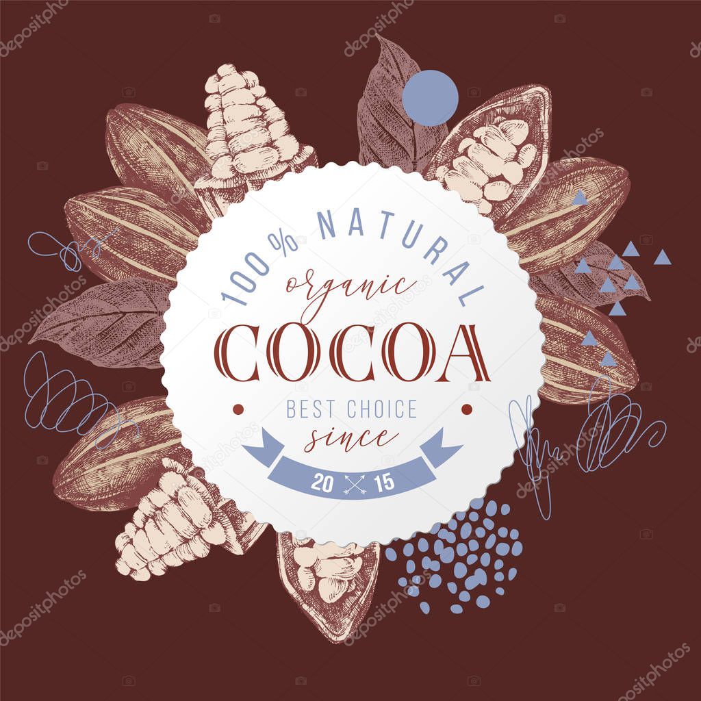 Organic cocoa label over hand drawn cocoa beans and leaves