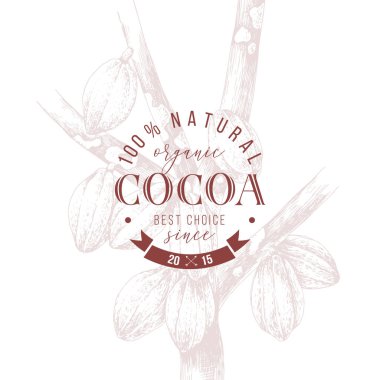 Type emblem over hand drawn cocoa tree