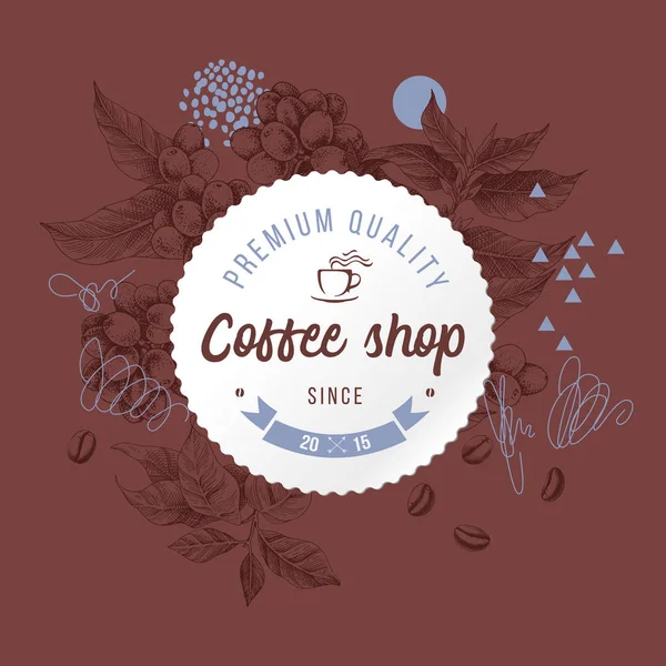 Caffetteria emblema di carta rotonda su sfondo abbozzato a mano con pianta di caffè e fagioli — Vettoriale Stock