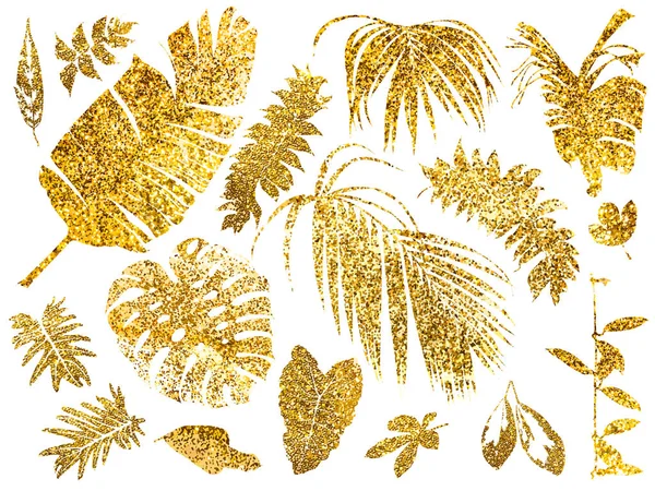 Golden set of tropical leaves — Stok Vektör