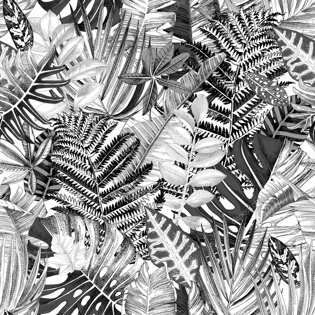 Hand drawn seamless pattern with tropical leaves and plants