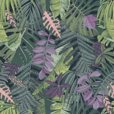 Tropikal yapraklar ve bitkilerle el çizimi pürüzsüz desen