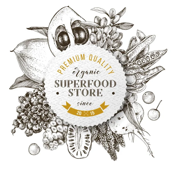 Superfood winkel rond embleem — Stockvector