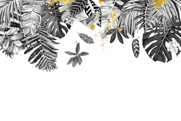 Fondo blanco y negro con hojas tropicales y salpicaduras de oro — Vector de stock