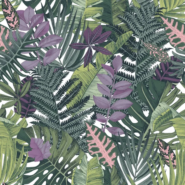 热带树叶和植物手绘无缝图案 — 图库矢量图片