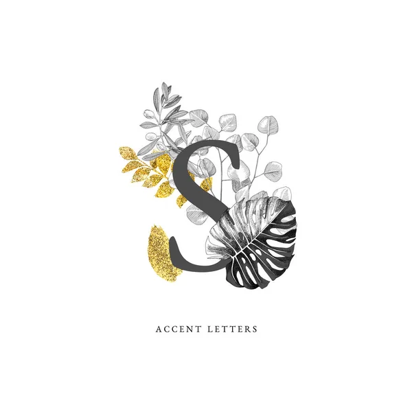Letra S decorada con hojas tropicales dibujadas a mano — Archivo Imágenes Vectoriales
