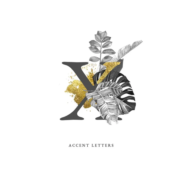 Decorated X letter with hand drawn tropical leaves — Wektor stockowy