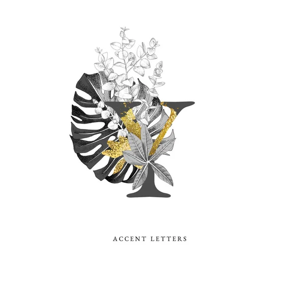 Decorated Y letter with hand drawn tropical leaves — Stockvector