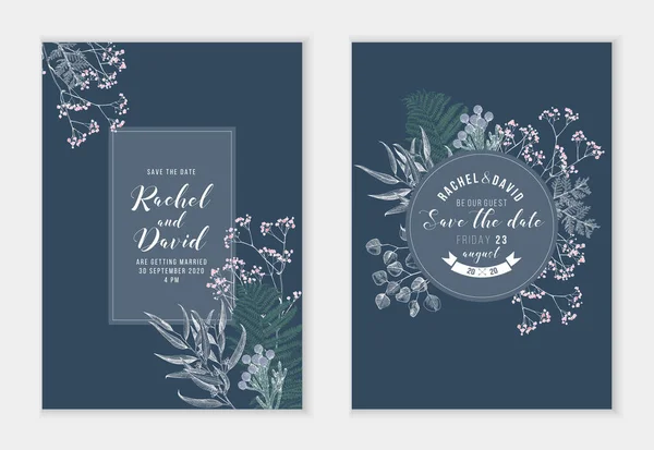 Wedding set with hand drawn greenery. Wedding invitation and save the date card. Vector illustration. — Διανυσματικό Αρχείο
