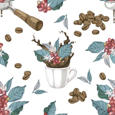 Kahve dalları, fasulyeler, portafilter ve bardakta su sıçraması.