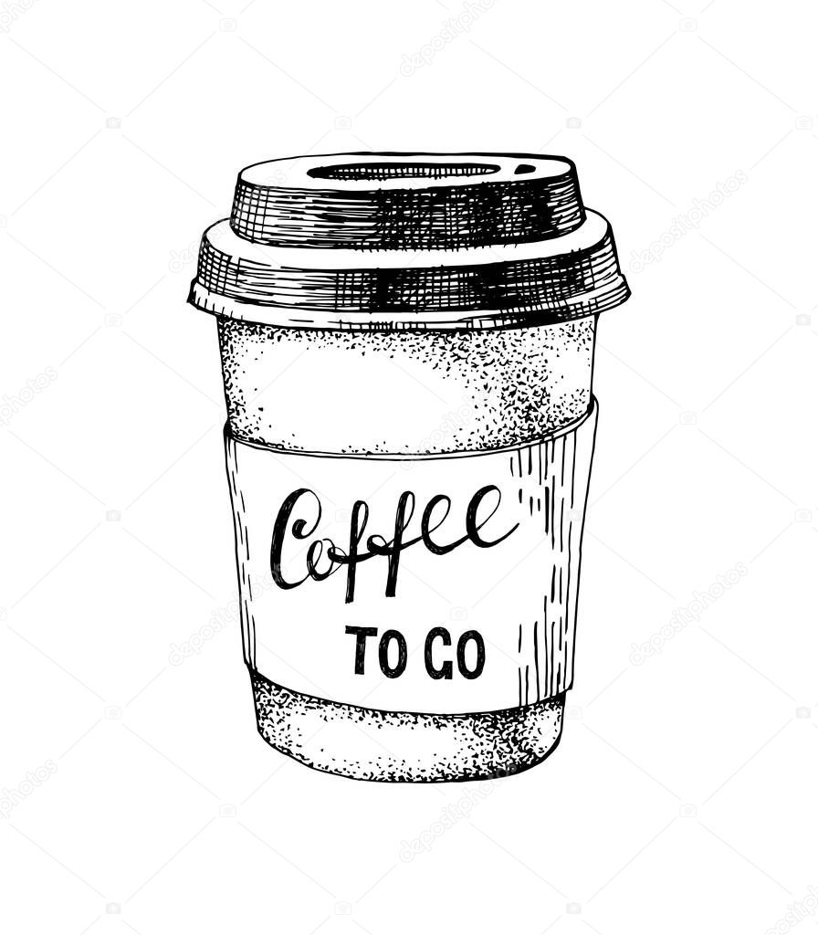 Hand drawn paper coffee cup with lettering coffee to go