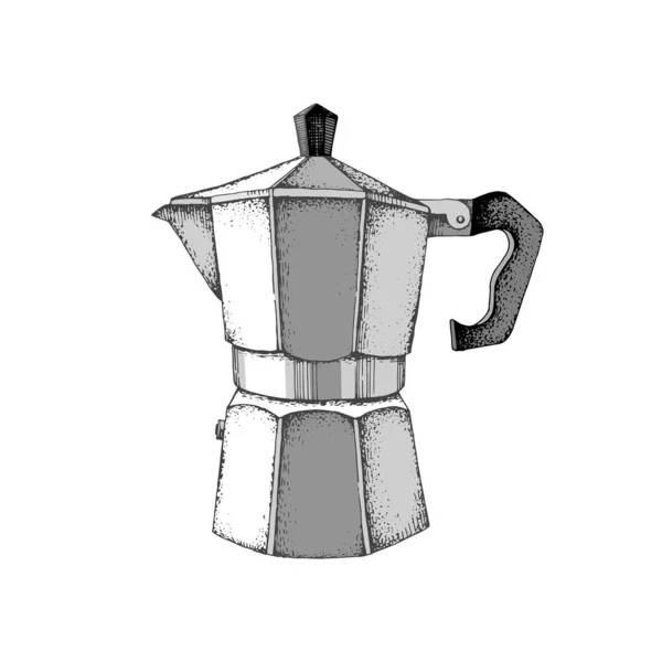 El çizimi İtalyan kahve makinesi ya da moka demliği beyaz arka planda izole edilmiş. — Stok Vektör