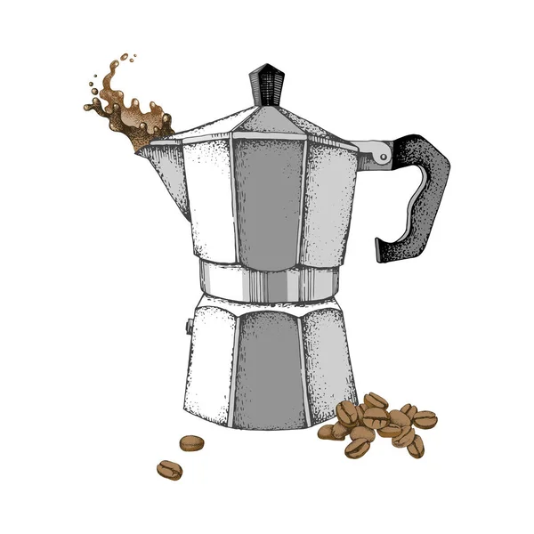 Ručně kreslené italské kávovar nebo moka pot izolované na bílém pozadí — Stockový vektor