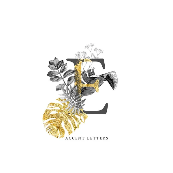 Carta E decorada com folhas tropicais desenhadas à mão — Vetor de Stock