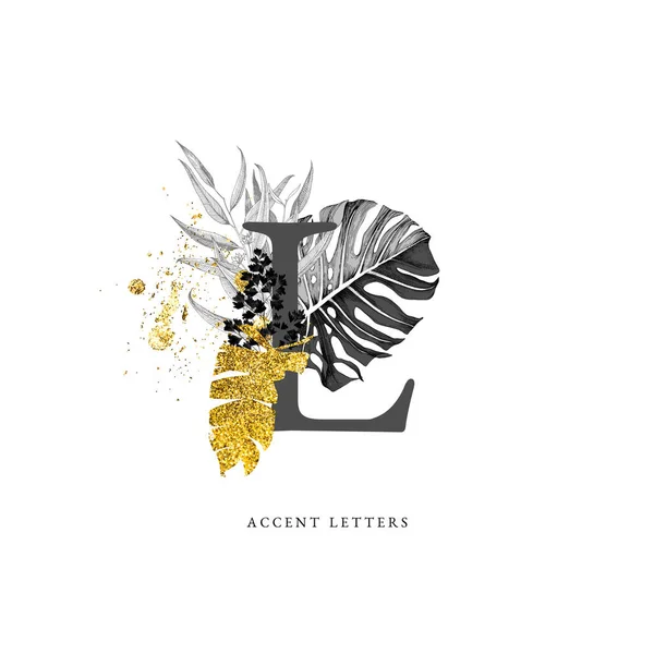 Versierde L letter met met de hand getekende tropische bladeren — Stockvector