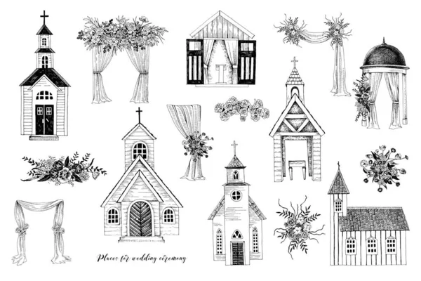 Plekken voor huwelijksceremonie. Kerken, kapel, bloembogen — Stockvector