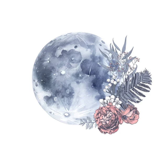 Ręcznie rysowane karty z pełni księżyca i kwiatów — Wektor stockowy