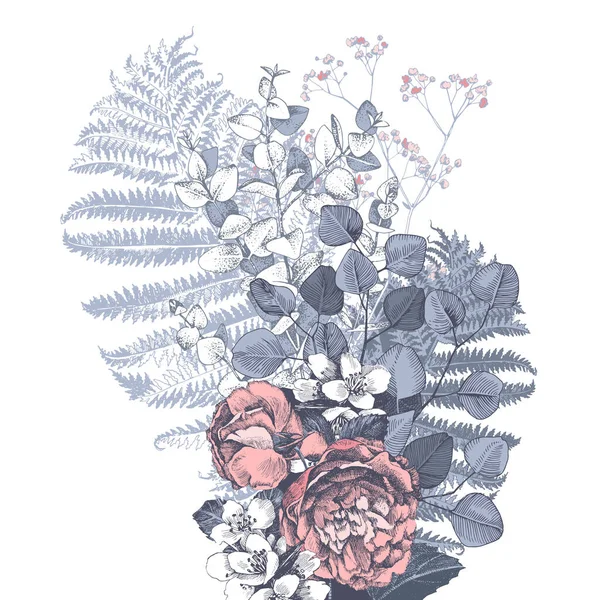 Met de hand getekende bloemcompositie met rozen, varens, eucaliptus, jasmijn en gipsbloemen. — Stockvector