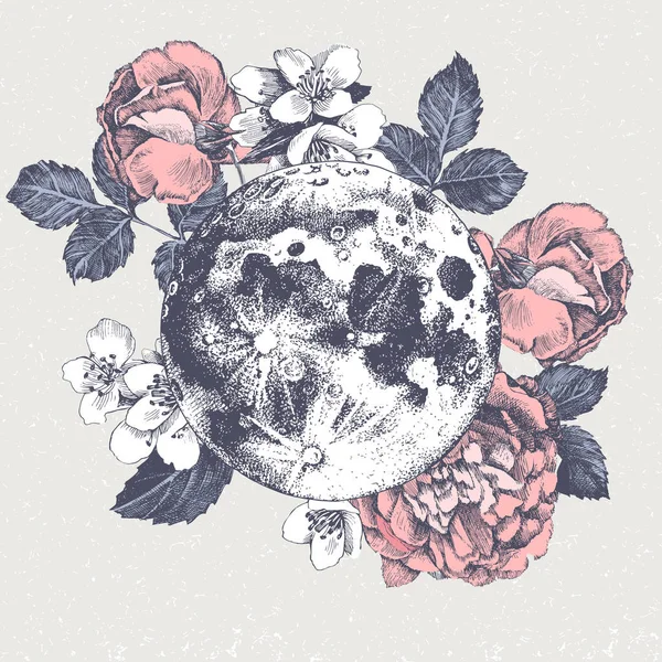 Carte dessinée à la main avec pleine lune et fleurs — Image vectorielle