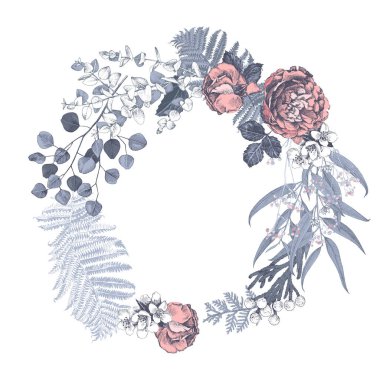 Gül, yasemin, eğrelti otu ve okaliptüs ile el çizimi çiçek çelengi. Düğün davetiyeleri ya da doğum günü kartları için mükemmel.