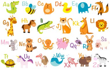 Sevimli hayvanlar ve kuşlar vektör çizimi. Hayvan alfabesi