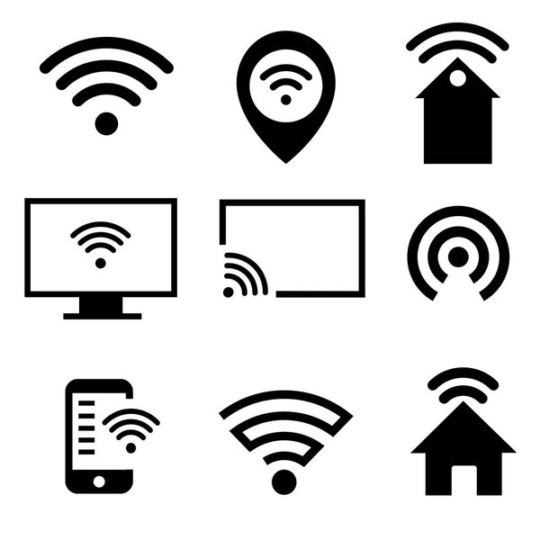 Vector wifi icons set: pc, smartphone, tablet pc, pointer, hotspot, signboard, laptop, speech bubble