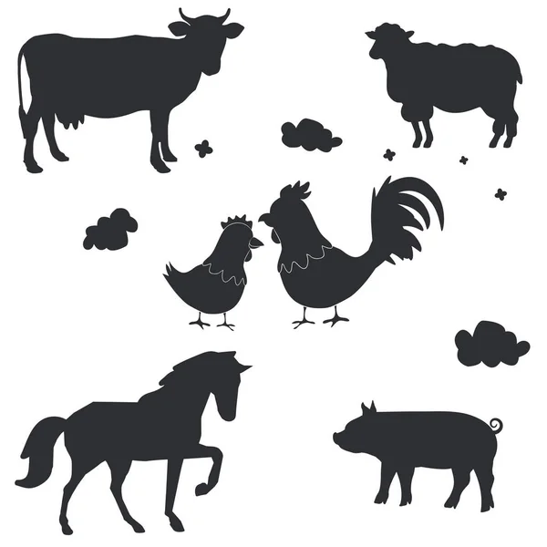 Siluetas de animales de granja vectoriales aisladas en blanco — Archivo Imágenes Vectoriales