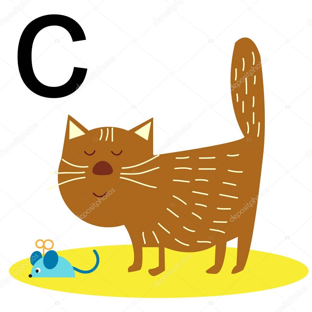 Illustration of a cute cat and letter of the alphabet.Cat and mouse