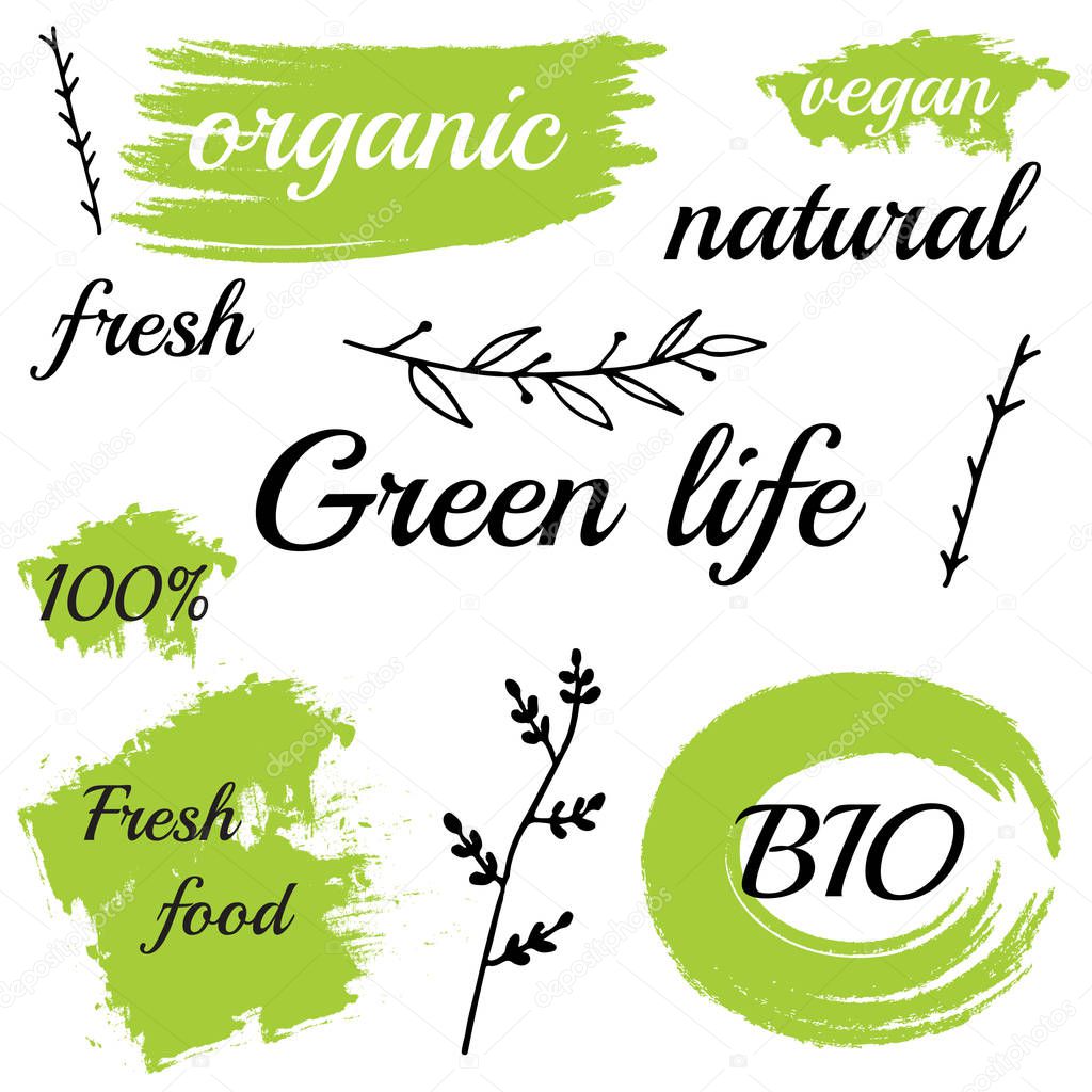 Organic food labels and elements, set for food and drink, restaurants and organic products vector illustration. 