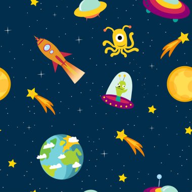Dünya, Satürn, Ufo, roketler ay ve yıldız ile çocukça vektör
