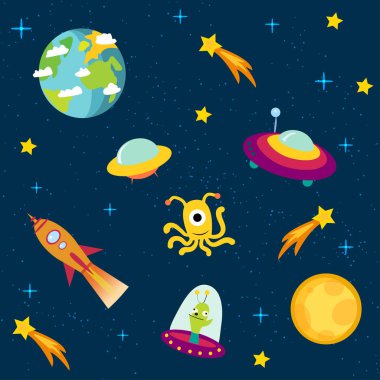 Dünya, Satürn, Ufo, roketler ay ve yıldız ile çocukça vektör