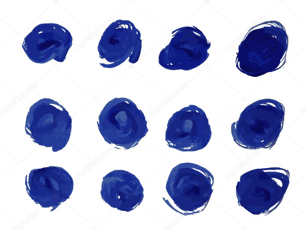 Hand painted seamless polka dot pattern. Abstract watercolor shapes in indigo blue.